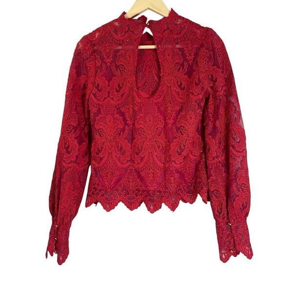 Saylor Norma Red Lace Top Long Sleeve High Neck Sheer - Picture 2 of 12
